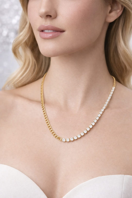 Anti-Tarnish Gold Tennis Chain Necklace for Women – Half Crystal Diamond Style Statement Necklace