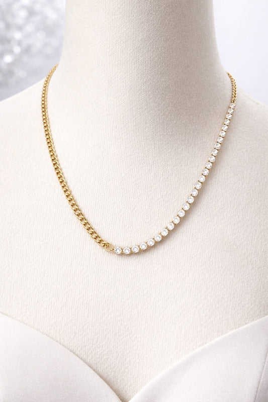 Anti-Tarnish Gold Tennis Chain Necklace for Women – Half Crystal Diamond Style Statement Necklace