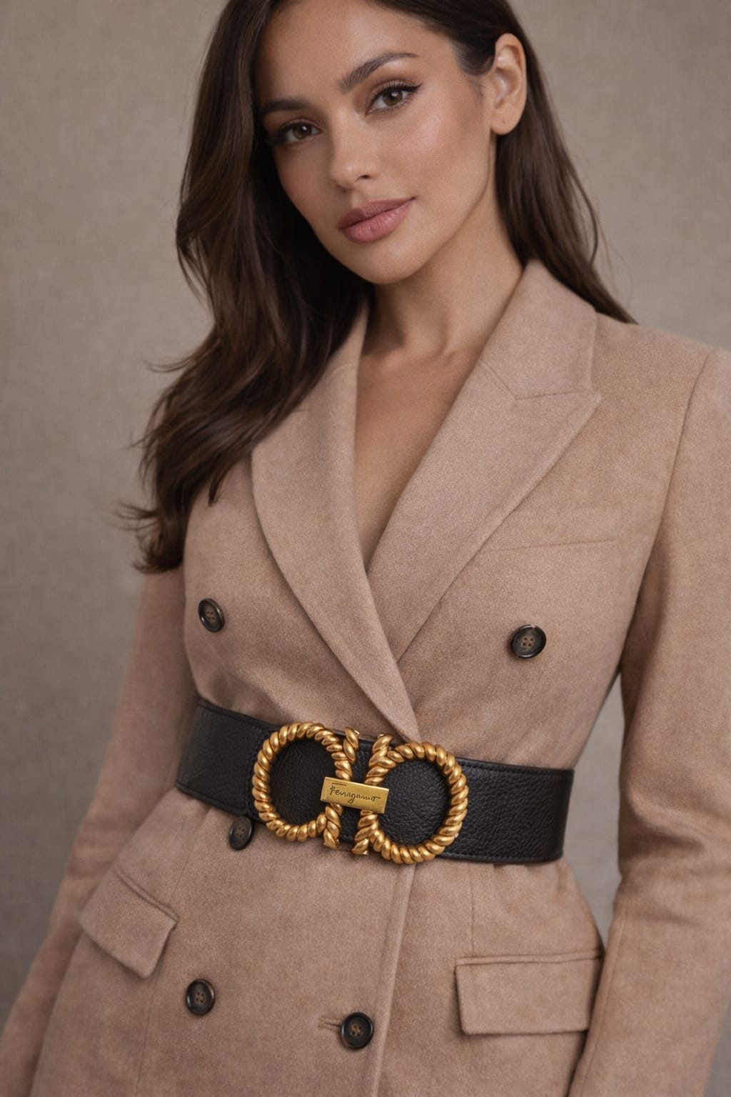 Luxury Black Waist Belt with Gold Double Ring Buckle for Women