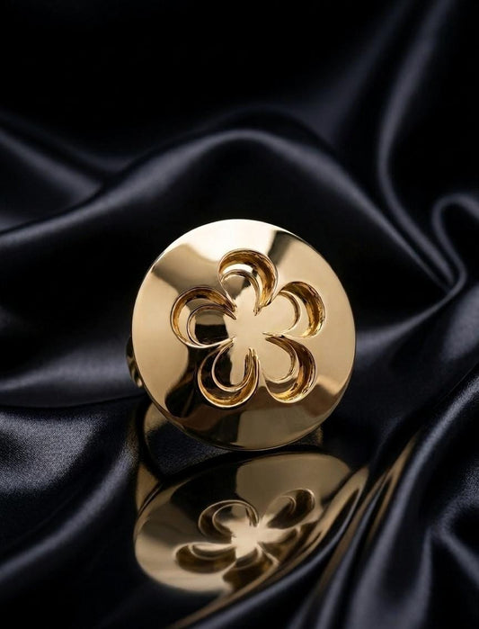 Anti-Tarnish Gold Floral Disc Adjustable Cocktail Ring – Statement Ring for Women