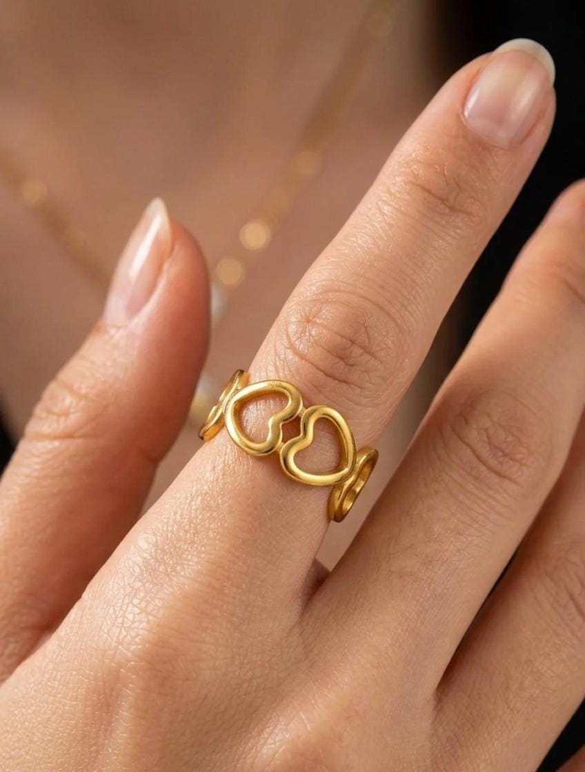 Gold Double Heart Adjustable Ring – Minimal Open Love Ring for Women