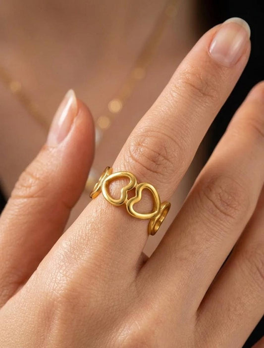 Gold Double Heart Adjustable Ring – Minimal Open Love Ring for Women
