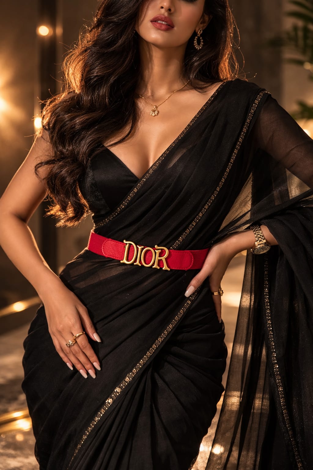 Woman wearing a black saree with a red Dior belt in an elegant setting.