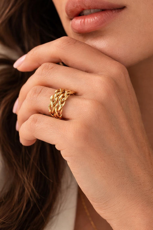 Gold Braided Chain Adjustable Ring – Multi-Layer Open Statement Ring for Women