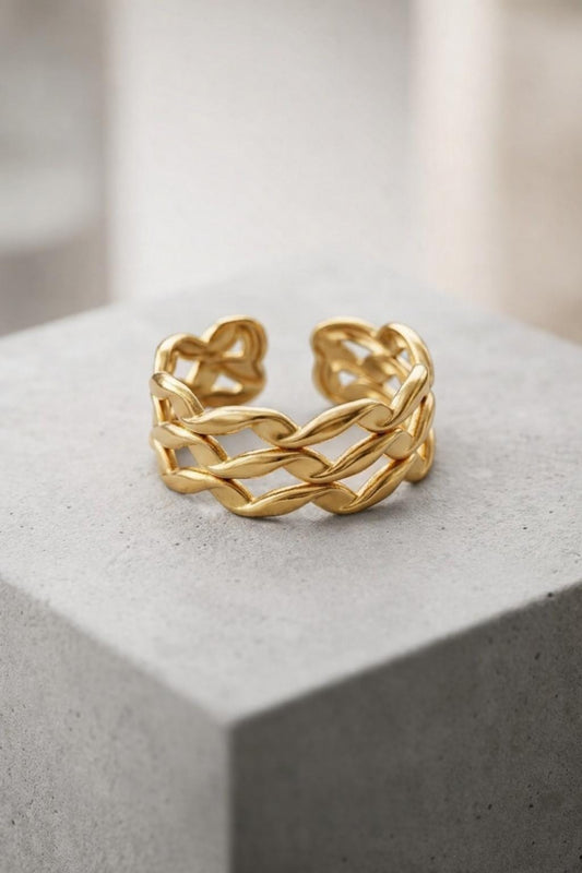 Gold Braided Chain Adjustable Ring – Multi-Layer Open Statement Ring for Women