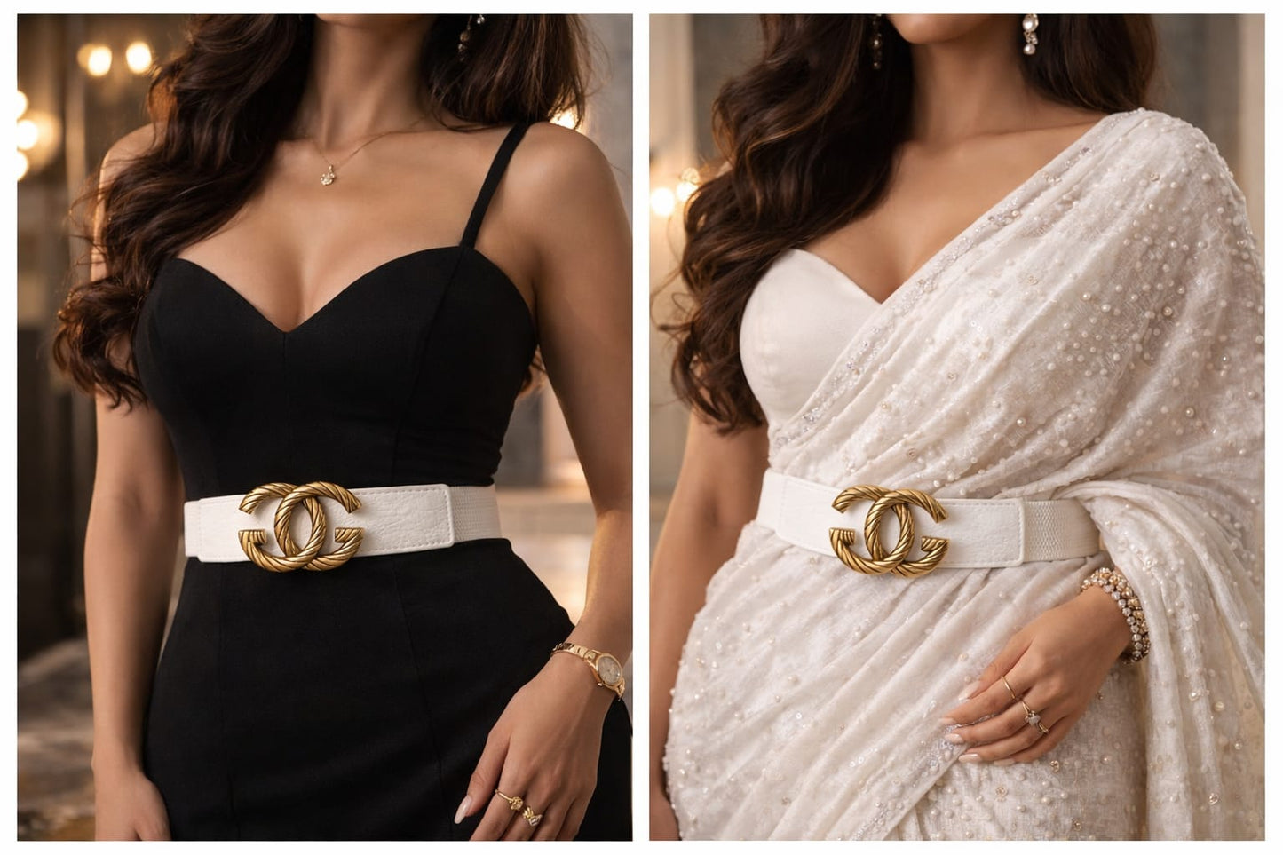 Luxury White Waist Belt with Gold Double C Buckle for Women