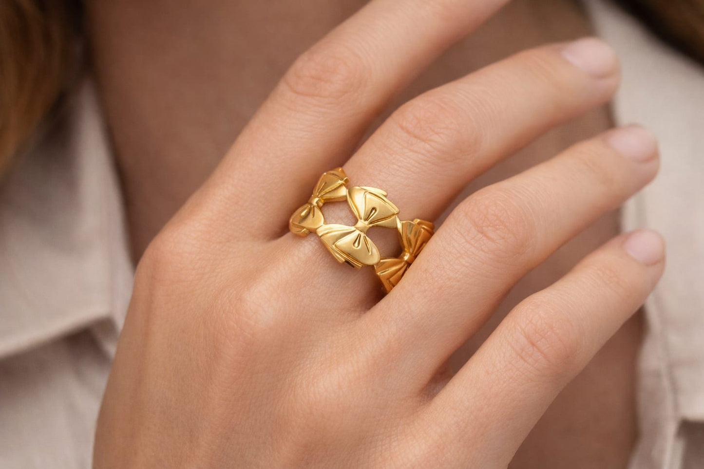 Gold Bow Adjustable Ring – Statement Multi-Bow Open Ring for Women