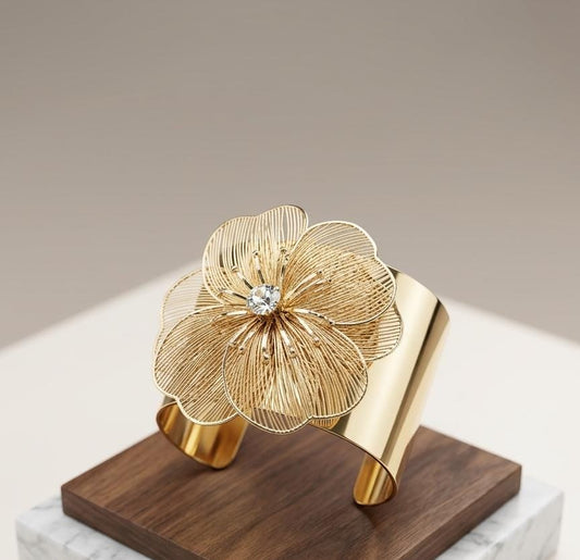 Gold Floral Adjustable Cuff Bracelet for Women | Anti-Tarnish Statement Flower Bracelet
