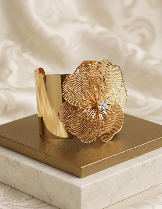 Gold Floral Adjustable Cuff Bracelet for Women | Anti-Tarnish Statement Flower Bracelet