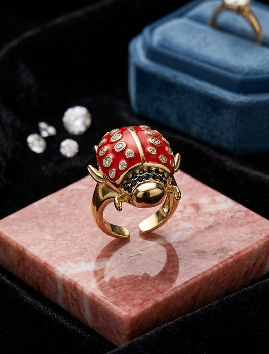 Luxury Red Enamel Ladybug Adjustable Ring for Women | Anti-Tarnish Gold Statement Cocktail Ring