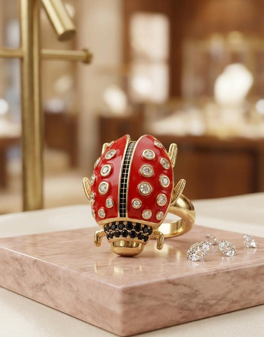 Luxury Red Enamel Ladybug Adjustable Ring for Women | Anti-Tarnish Gold Statement Cocktail Ring
