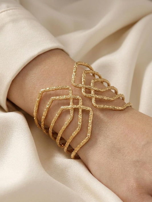 Statement Rib Cage Openable Bracelet for Women – Gold Textured Adjustable Cuff
