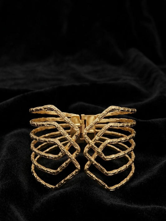 Statement Rib Cage Openable Bracelet for Women – Gold Textured Adjustable Cuff