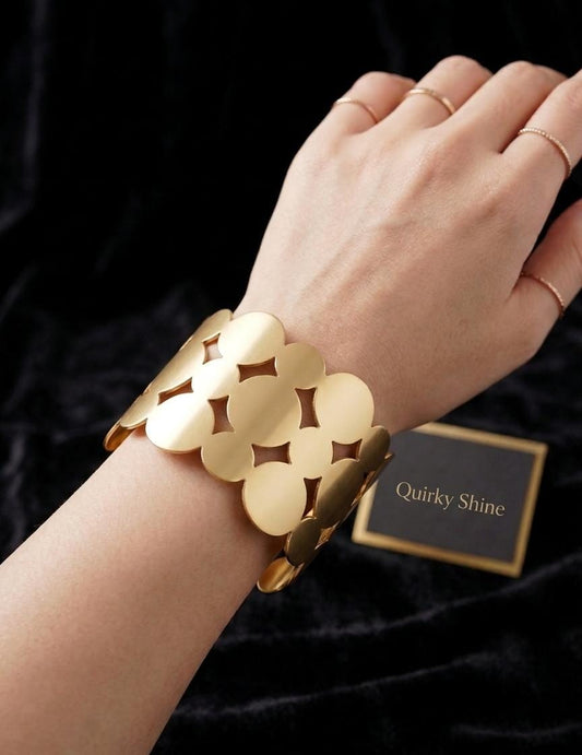 Gold Geometric Cutwork Adjustable Cuff Bracelet for Women – Statement Open Cuff