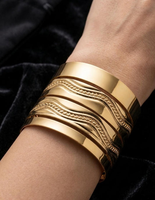 Gold Layered Textured Adjustable Cuff Bracelet for Women – Wide Statement Open Bracelet