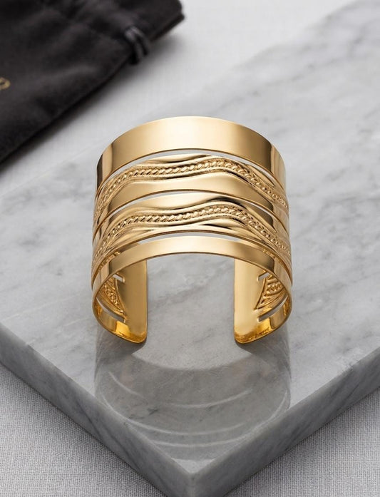 Gold Layered Textured Adjustable Cuff Bracelet for Women – Wide Statement Open Bracelet
