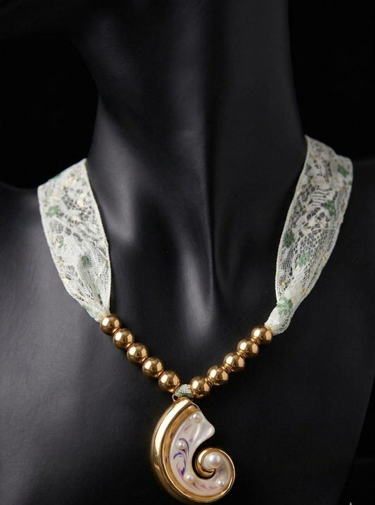 Anti Tarnish Gold Charm Necklace with Pearl Pendant & Lace Strap | Elegant Statement Necklace for Women