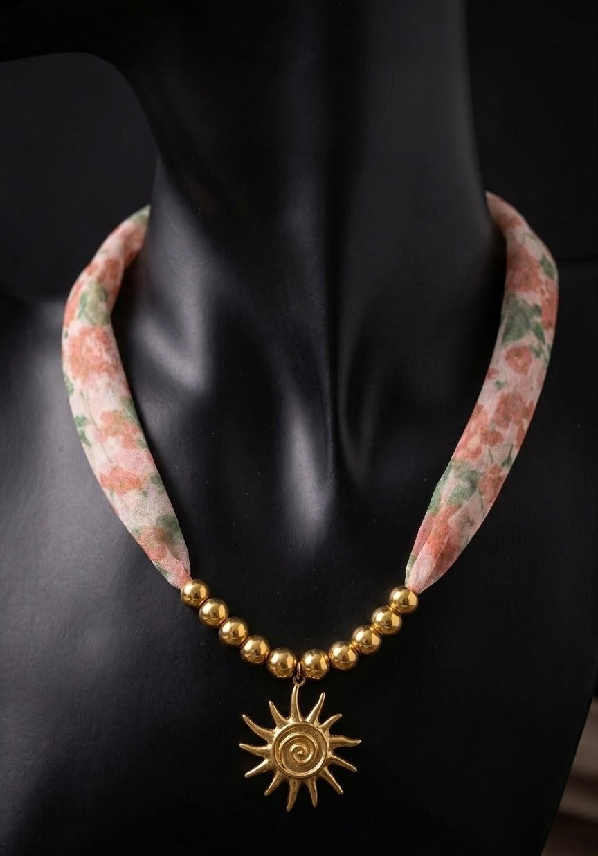 Anti Tarnish Gold Sun Charm Necklace with Floral Fabric Strap | Aesthetic Statement Necklace for Women