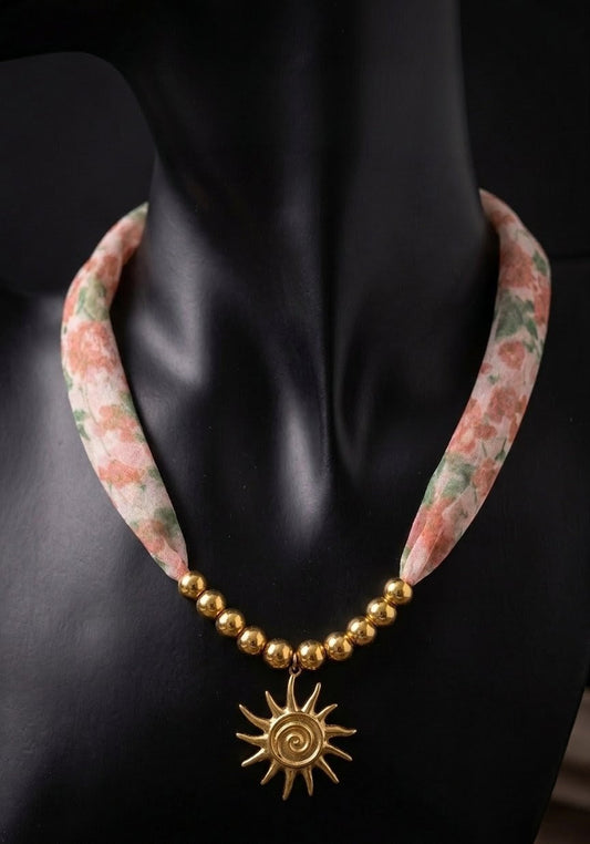 Anti Tarnish Gold Sun Charm Necklace with Floral Fabric Strap | Aesthetic Statement Necklace for Women