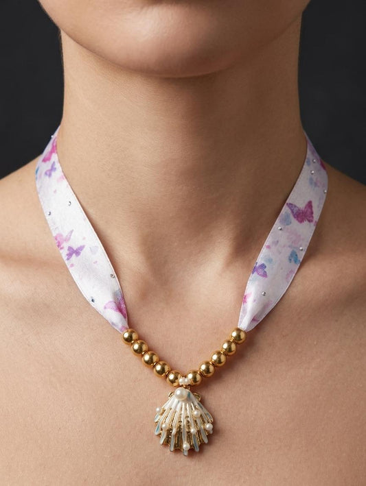 Anti Tarnish Gold Shell Charm Necklace with Butterfly Strap | Aesthetic Beach Style Necklace for Women
