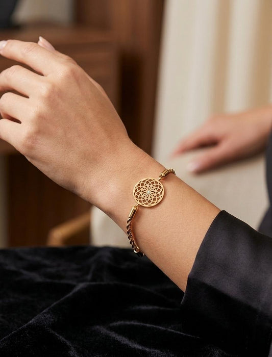 Gold Geometric Floral Charm Bracelet – Anti Tarnish Adjustable Chain Bracelet for Women