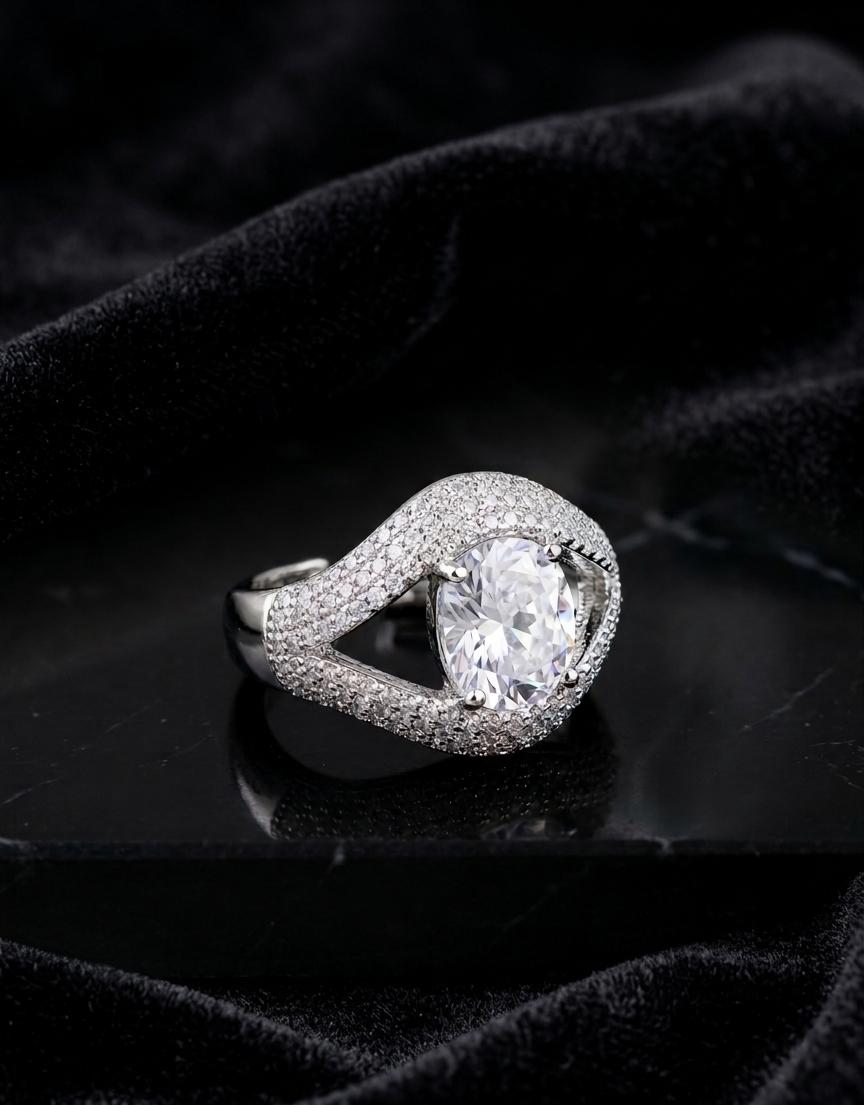 Adjustable American Diamond Statement Ring – Silver Crystal Cocktail Ring for Women