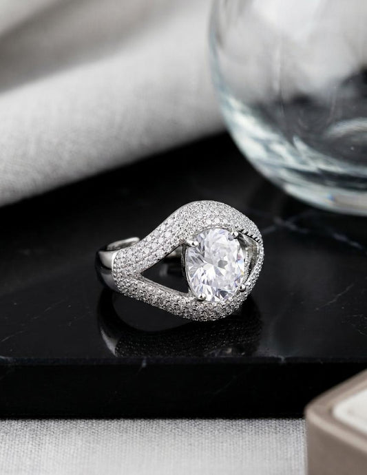 Adjustable American Diamond Statement Ring – Silver Crystal Cocktail Ring for Women
