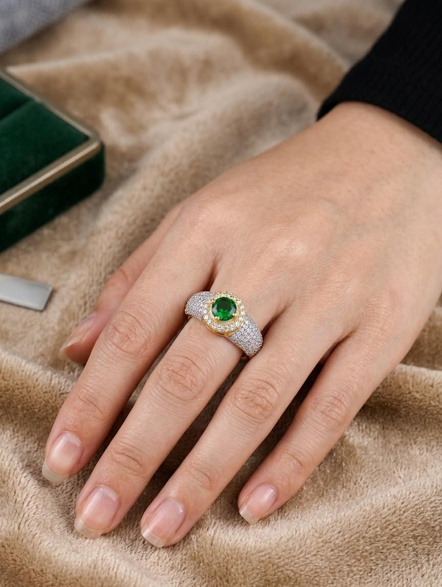 Adjustable Green Stone American Diamond Ring – Gold Statement Open Ring for Women