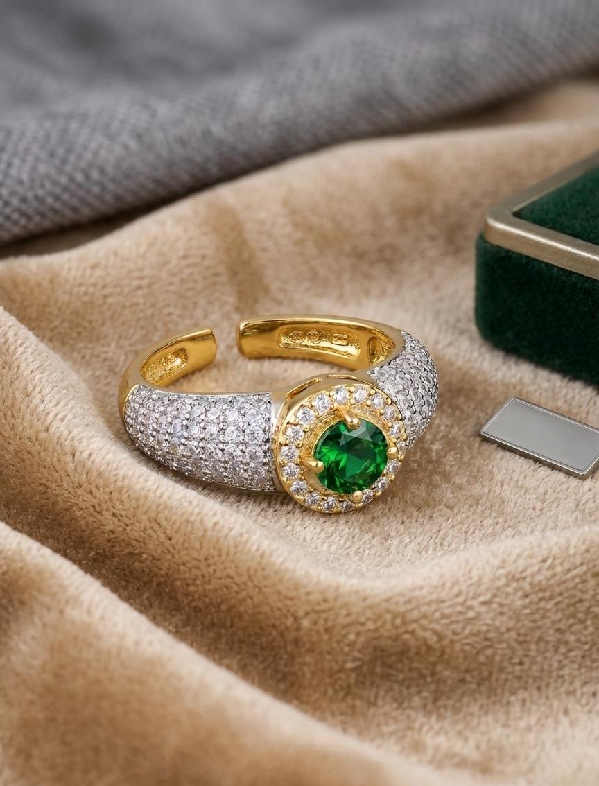 Adjustable Green Stone American Diamond Ring – Gold Statement Open Ring for Women
