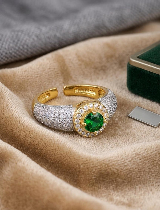 Adjustable Green Stone American Diamond Ring – Gold Statement Open Ring for Women