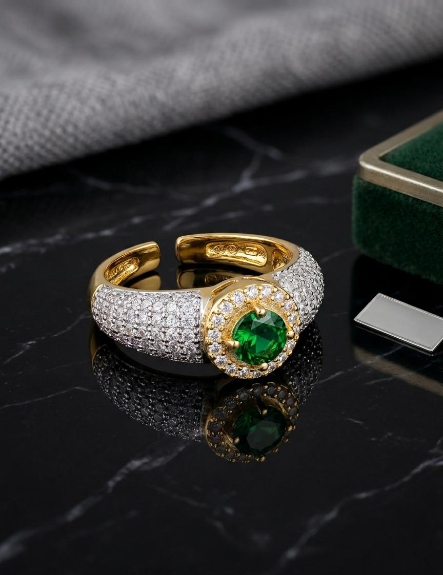 Adjustable Green Stone American Diamond Ring – Gold Statement Open Ring for Women