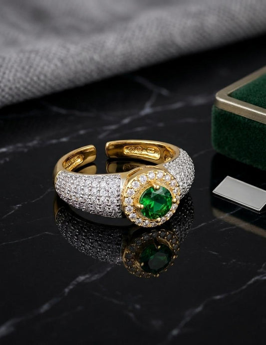 Adjustable Green Stone American Diamond Ring – Gold Statement Open Ring for Women