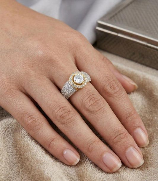 Adjustable American Diamond Halo Ring – Gold & Silver Statement Open Ring for Women