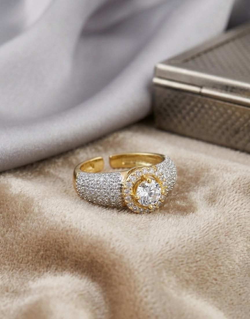 Adjustable American Diamond Halo Ring – Gold & Silver Statement Open Ring for Women