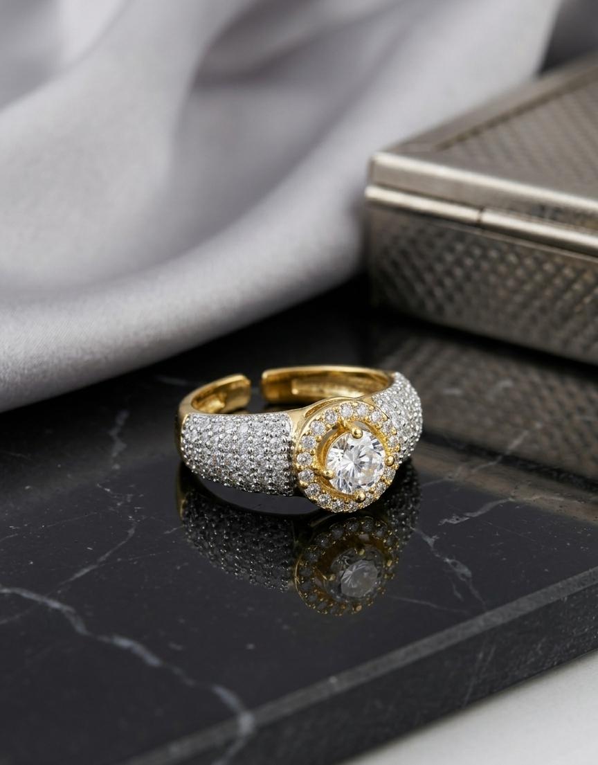 Adjustable American Diamond Halo Ring – Gold & Silver Statement Open Ring for Women