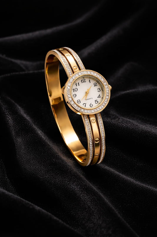Luxury Gold Watch Bracelet for Women – Openable Anti Tarnish Crystal Studded Kada Watch