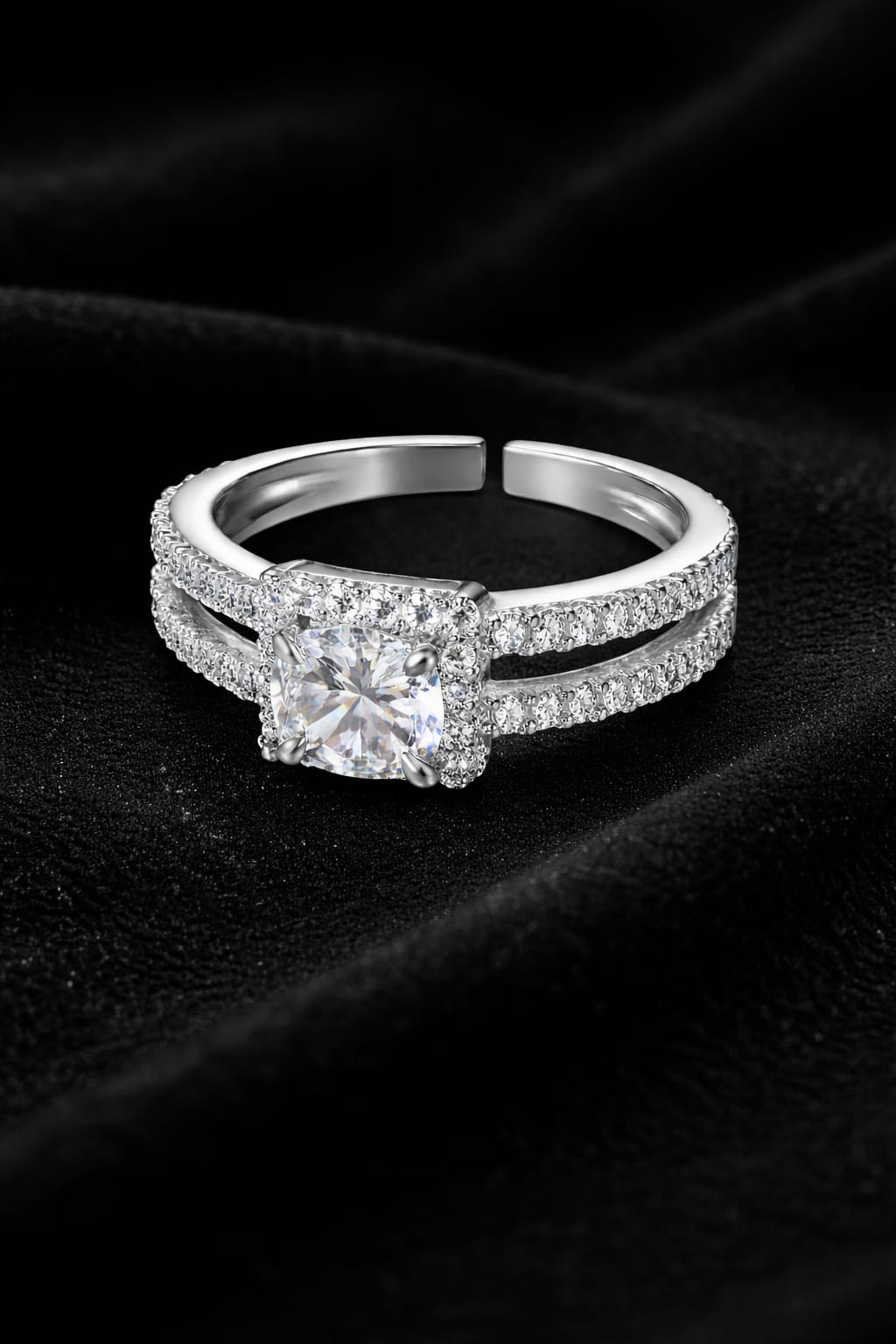 Adjustable American Diamond Solitaire Ring for Women – Silver Plated Double Band Halo Ring