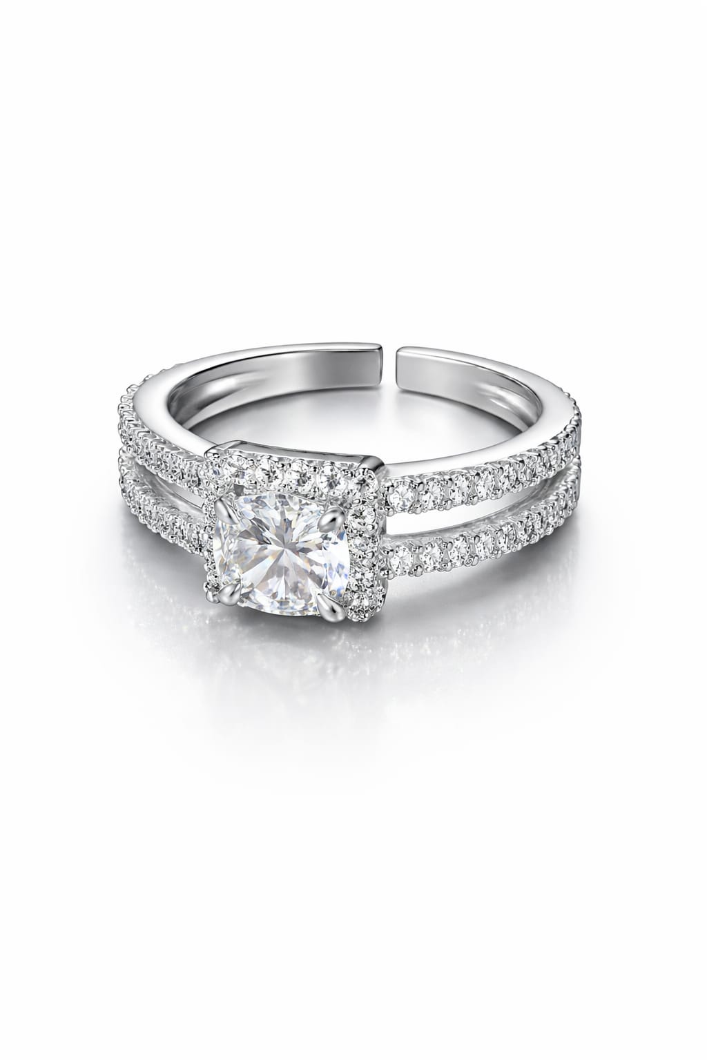 Adjustable American Diamond Solitaire Ring for Women – Silver Plated Double Band Halo Ring
