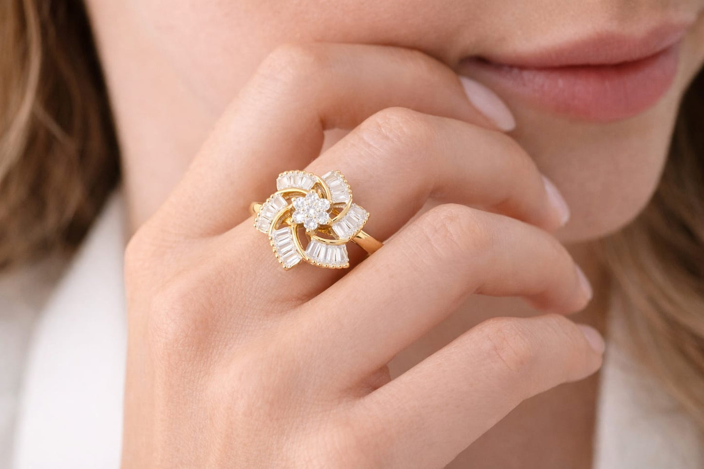 Adjustable American Diamond Floral Ring for Women – Gold Plated Baguette Designer Statement Ring