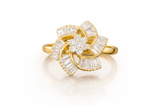 Adjustable American Diamond Floral Ring for Women – Gold Plated Baguette Designer Statement Ring