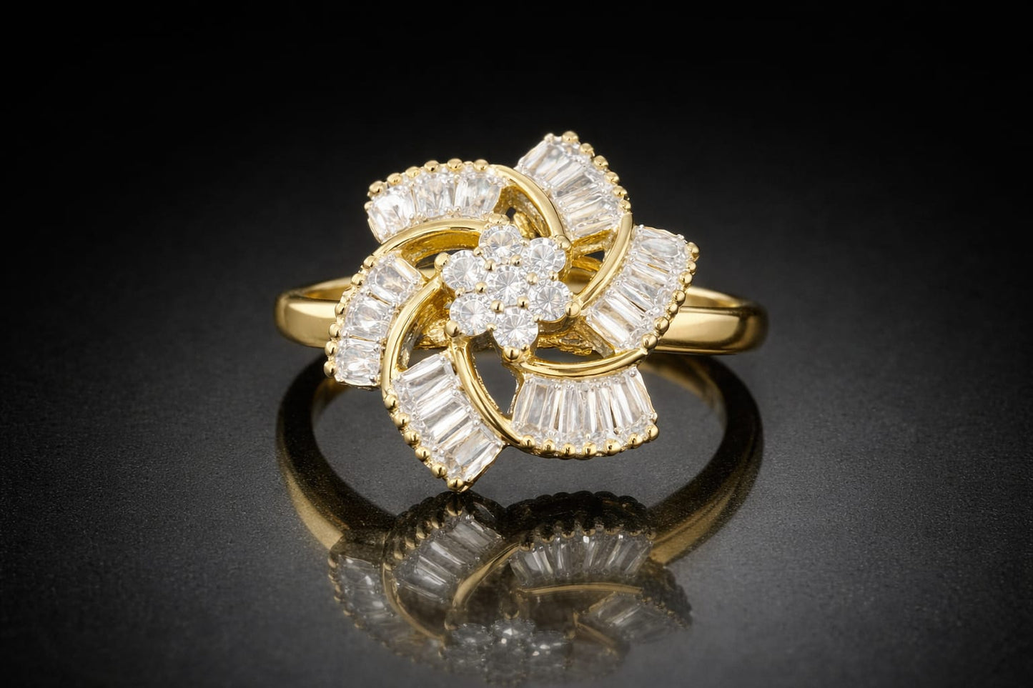 Adjustable American Diamond Floral Ring for Women – Gold Plated Baguette Designer Statement Ring