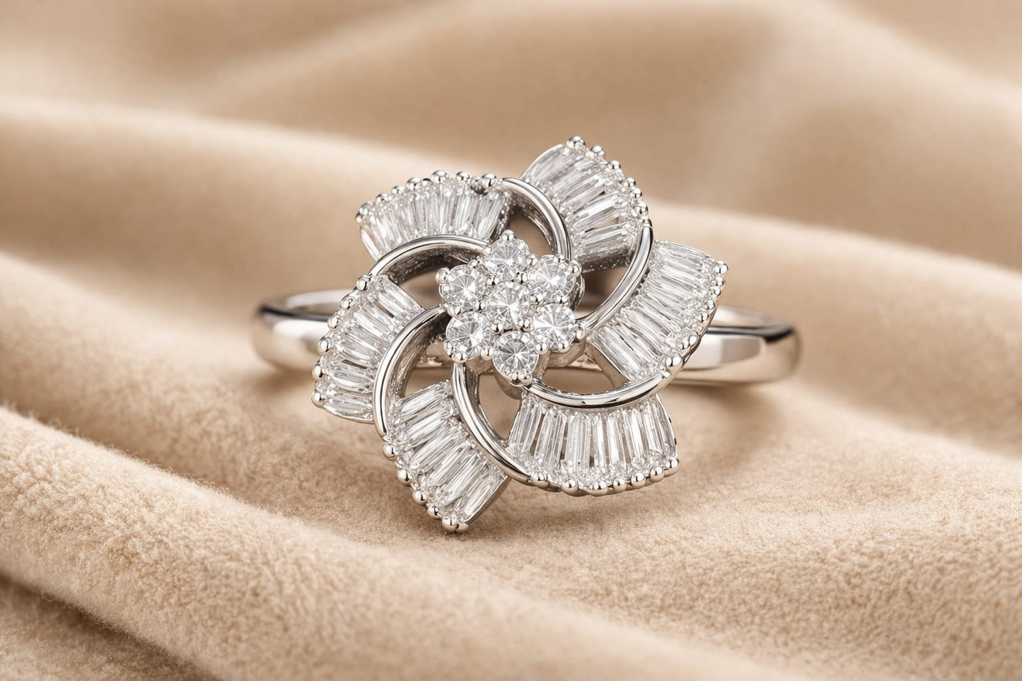 Adjustable American Diamond Floral Ring for Women – Silver Plated Baguette Designer Statement Ring
