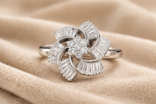 Adjustable American Diamond Floral Ring for Women – Silver Plated Baguette Designer Statement Ring