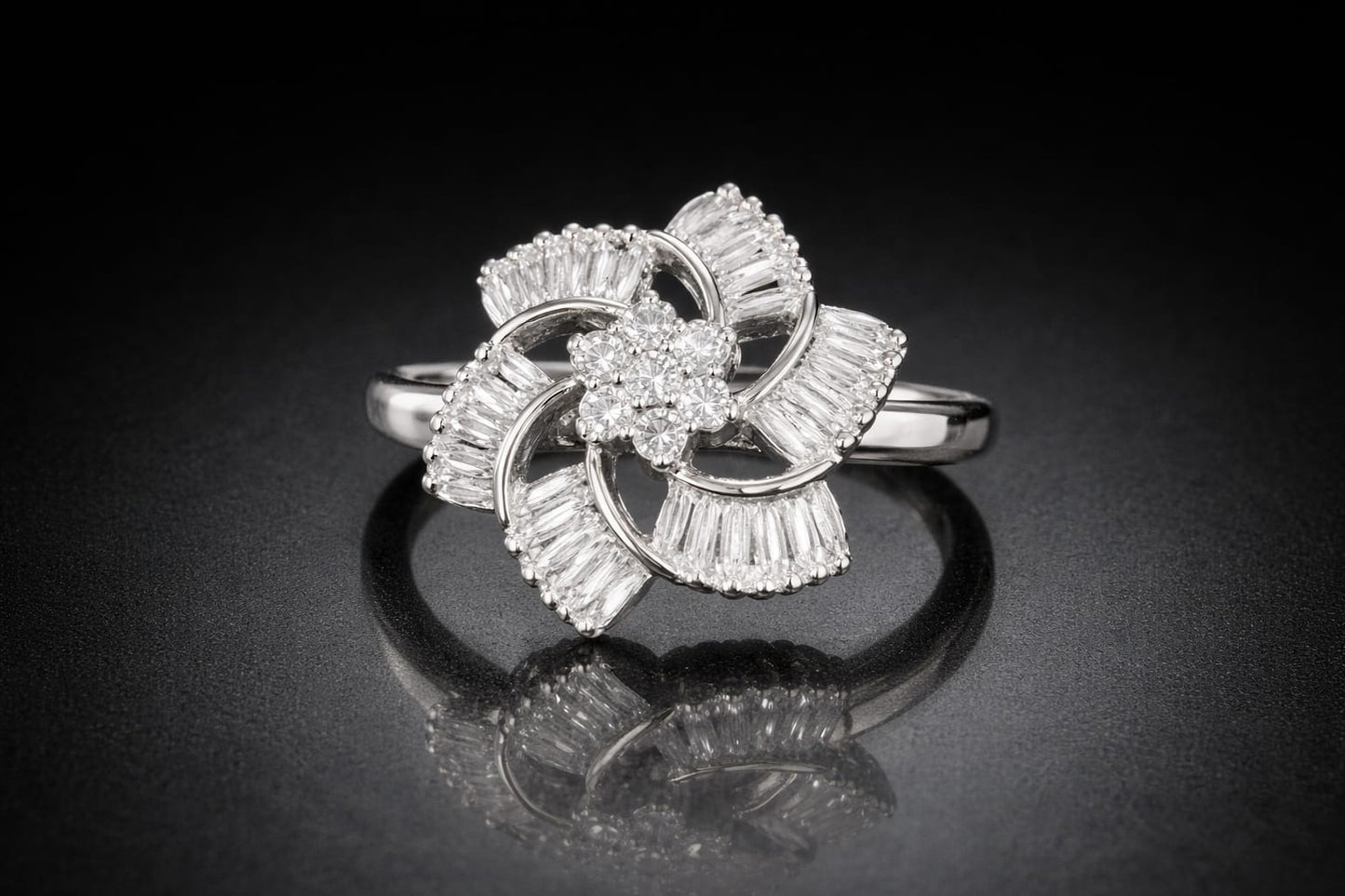Adjustable American Diamond Floral Ring for Women – Silver Plated Baguette Designer Statement Ring