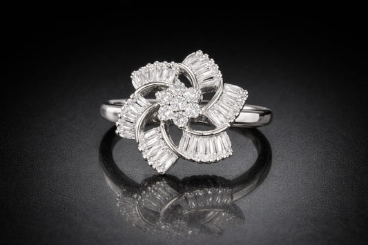 Adjustable American Diamond Floral Ring for Women – Silver Plated Baguette Designer Statement Ring