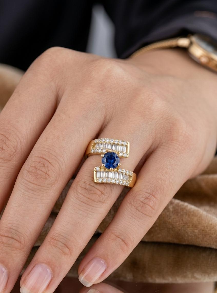 Adjustable Blue Stone American Diamond Ring for Women – Gold Plated Baguette & Sapphire Style Statement Ring