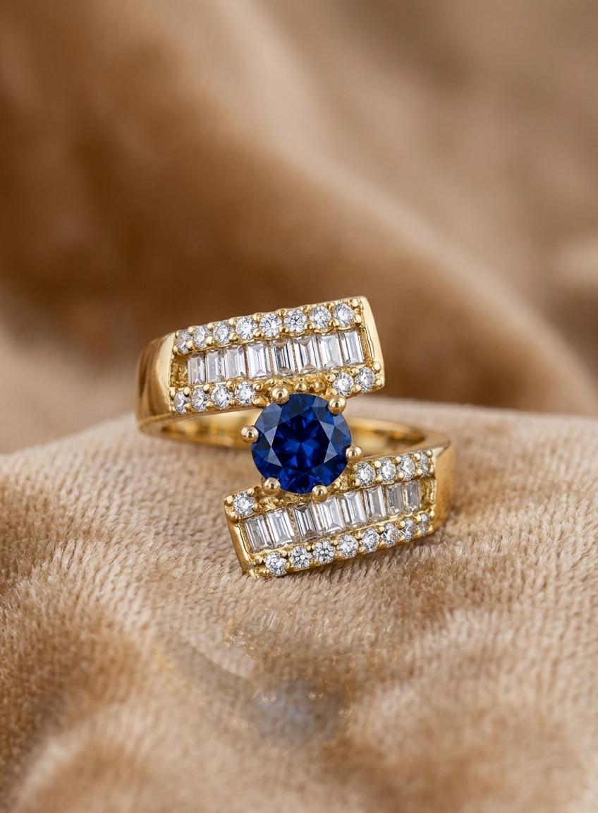 Adjustable Blue Stone American Diamond Ring for Women – Gold Plated Baguette & Sapphire Style Statement Ring