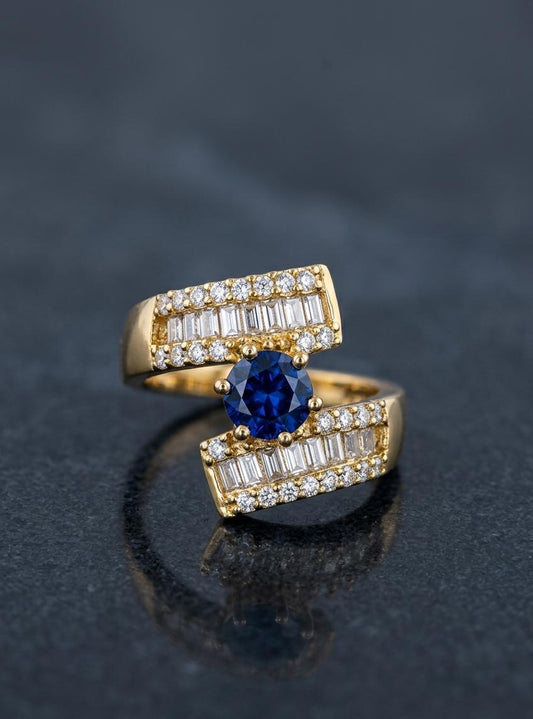 Adjustable Blue Stone American Diamond Ring for Women – Gold Plated Baguette & Sapphire Style Statement Ring