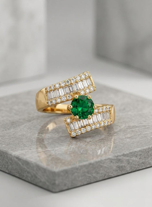 Adjustable Green Stone American Diamond Ring for Women – Gold Plated Baguette & Emerald Style Statement Ring