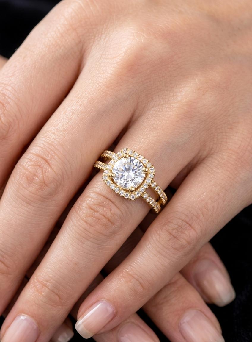 Adjustable American Diamond Halo Ring for Women – Gold Plated Double Band Square Solitaire Ring
